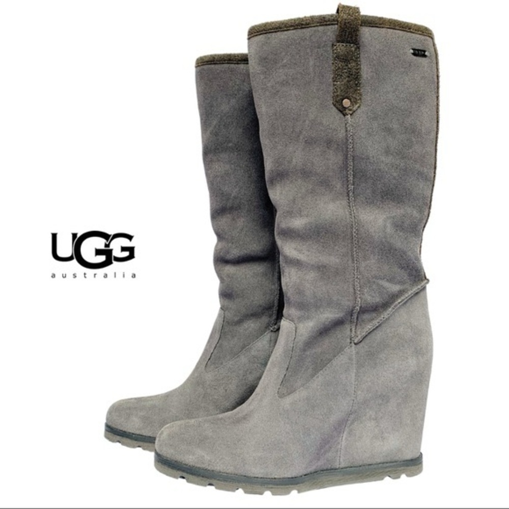 UGG Soleil Grey Suede & Shearling Tall Wedge Boots – Cozy & Chic (8.5)